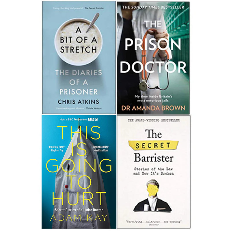 Set of four non-fiction books including "This Is Going To Hurt" by The Secret Barrister, featuring works by Chris Atkins and Dr. Amanda Brown.