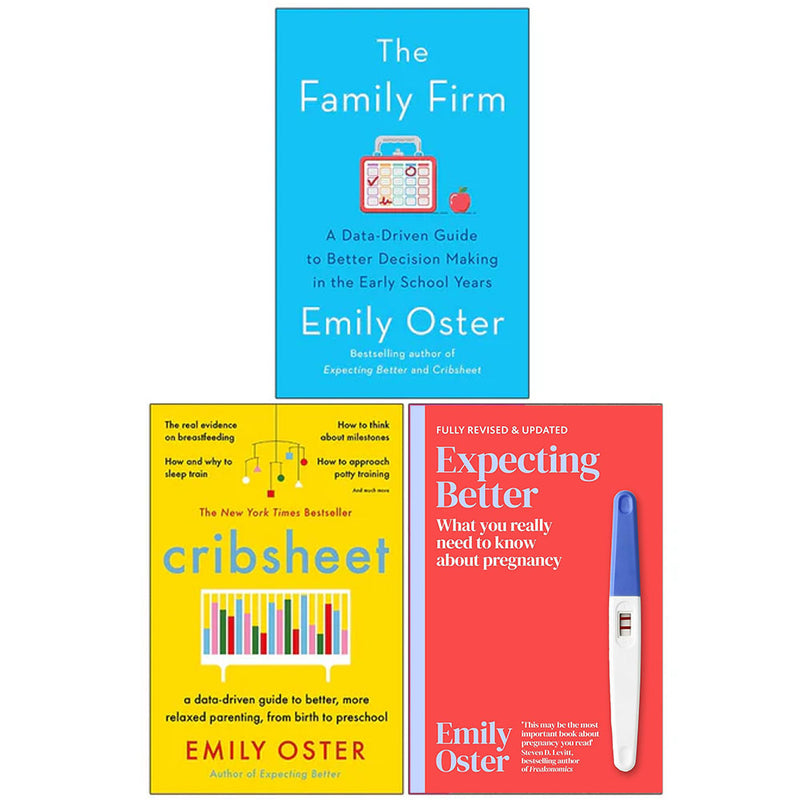 Emily Oster Collection of three books: The Family Firm, Cribsheet, Expecting Better, displayed together on a plain background.
