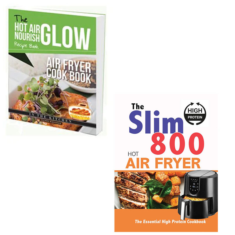 Two paperback cookbooks by Allision Waggoner & Lota featuring hot air fryer recipes and cooking tips from the Slim 800 collection.
