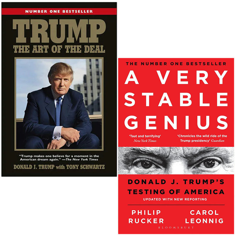 Set of two paperback non-fiction books, "The Art of the Deal" and "A Very Stable Genius," by Tony Schwartz and Philip Rucker.