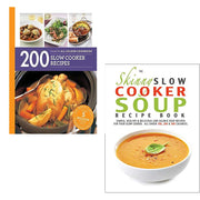 Two paperback cookbooks by Sara Lewis featuring slow cooker soup recipes and a collection of 200 slow cooker recipes.