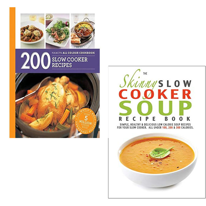 Two paperback cookbooks by Sara Lewis featuring slow cooker soup recipes and a collection of 200 slow cooker recipes.