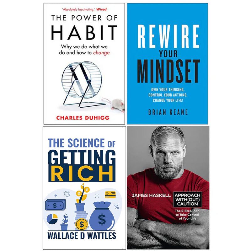 The Power of Habit, Rewire Your Mindset, The Science of Getting Rich, Approach Without Caution 4 Books Collection Set - The Book Bundle