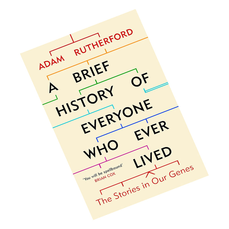 Paperback copy of "A Brief History of Everyone Who Ever Lived" by Adam Rutherford, featuring the book cover with title and author.