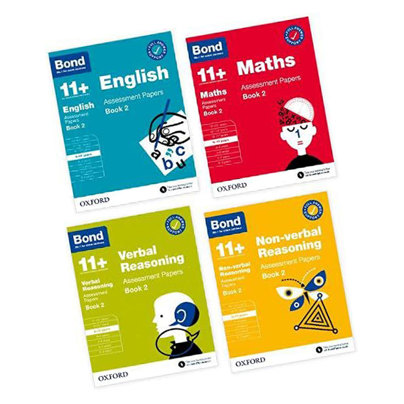 Set of four Bond 11+ assessment papers books for ages 9-10, featuring various practice tests and exercises.
