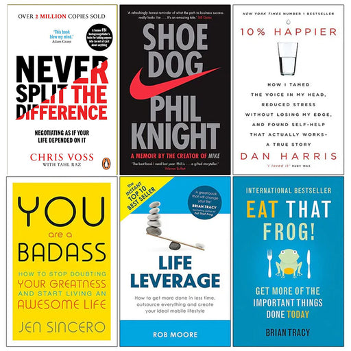 Never Split the Difference, Shoe Dog, 10% Happier, You Are a Badass, Life Leverage, Eat That Frog 6 Books Collection Set - The Book Bundle