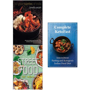 Set of three paperback cookbooks by Camellia Panjabi and Roli, featuring Indian curries, street food recipes, and keto-friendly dishes.