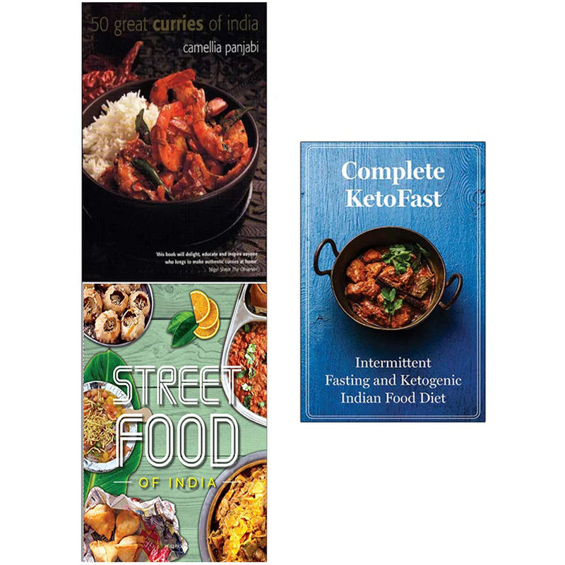 Set of three paperback cookbooks by Camellia Panjabi and Roli, featuring Indian curries, street food recipes, and keto-friendly dishes.