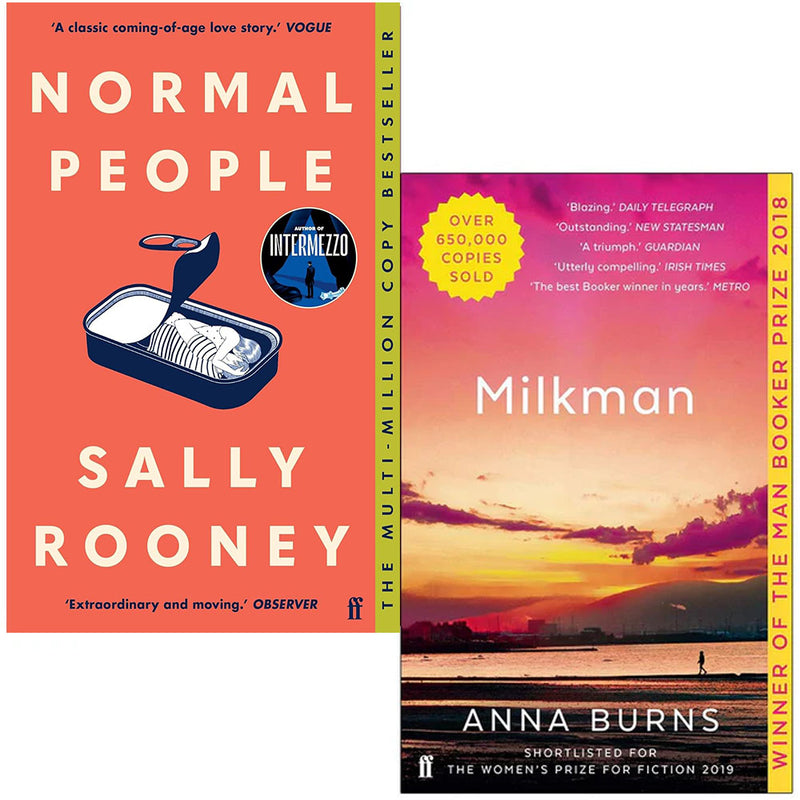 Faber and Faber paperback collection of Sally Rooney's "Normal People" and Anna Burns' "Milkman" fiction books, face-up.