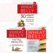 Wheat Belly 30-Minute Cookbook and Wheat Belly 3-book collection set by Dr. William Davis, paperback non-fiction books on a table.