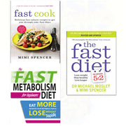 Three paperback books from the Iota Fast Diet collection, including Fast Cook, Fast Metabolism Diet, and Fast Diet for Beginners.