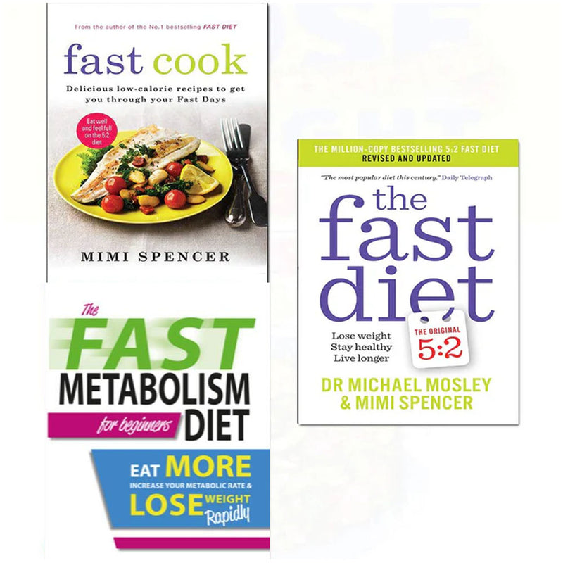 Three paperback books from the Iota Fast Diet collection, including Fast Cook, Fast Metabolism Diet, and Fast Diet for Beginners.