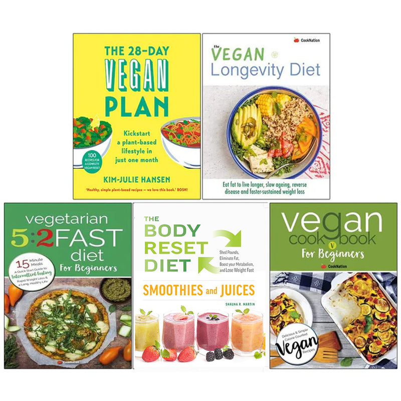 Set of five paperback vegan and diet books by Kim Julie Hansen and Iota, featuring titles on longevity, 5:2 fasting, and plant-based living