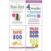 Collection of four paperback books featuring The Fast Diet, Rapid 800 recipes by Mimi Spencer and Michael Mosley, on healthy eating.