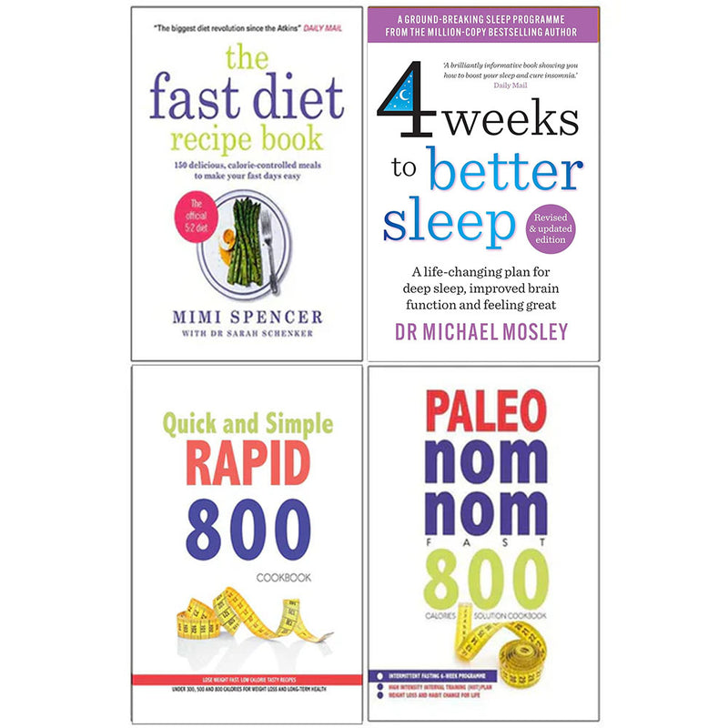 Collection of four paperback books featuring The Fast Diet, Rapid 800 recipes by Mimi Spencer and Michael Mosley, on healthy eating.