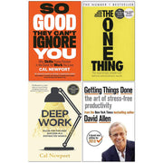 Four paperback non-fiction books by Cal Newport, including "So Good They Can't Ignore You" and "Deep Work," in a collection set.