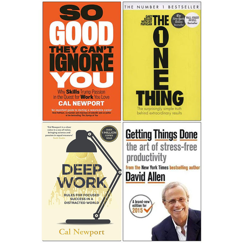 Four paperback non-fiction books by Cal Newport, including "So Good They Can't Ignore You" and "Deep Work," in a collection set.