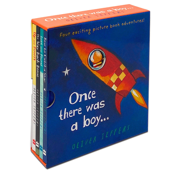 Hardcover boxed set of "Once There Was a Boy..." by Oliver Jeffers, featuring colorful illustrations and book cover art.