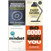 Four paperback non-fiction books by Kate Raworth, Cal Newport, and Dr. Carol Dweck about economics, deep work, mindset, and success.