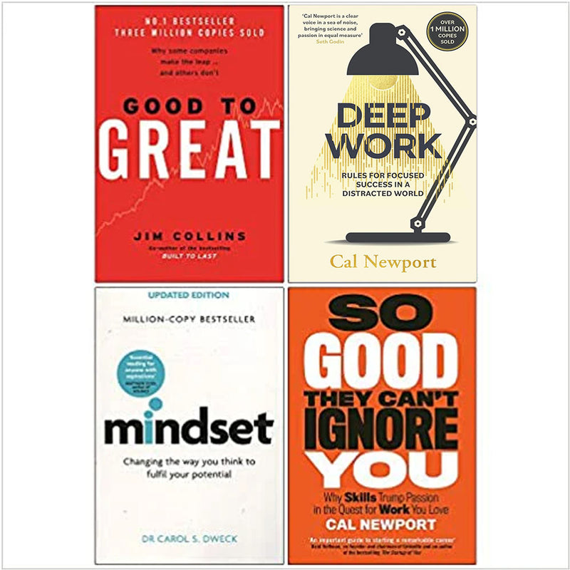 Collection of four non-fiction books by Jim Collins and Cal Newport, including titles like Good to Great and Deep Work, in mixed formats.