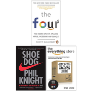 Collection of three non-fiction paperback books by Scott Galloway, including The Four, Shoe Dog, and The Everything Store.