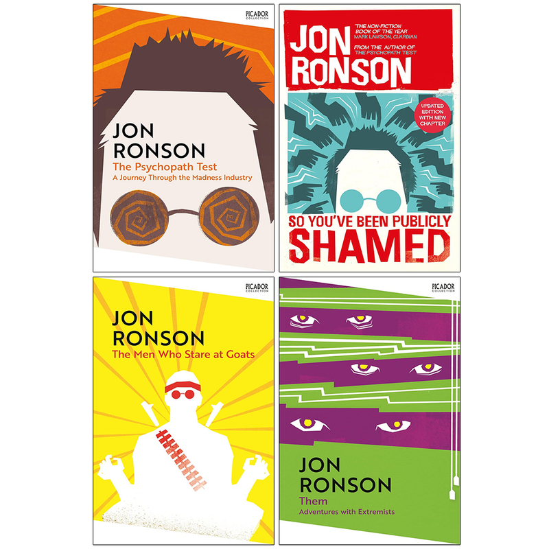 Four paperback books from Jon Ronson's non-fiction collection including The Psychopath Test and So You've Been Publicly Shamed, published by Picador.