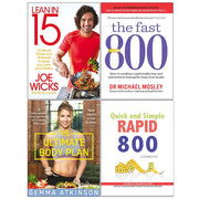 Set of four Joe Wicks non-fiction paperback books, including Lean in 15 and Fast 800, with colorful cover designs.