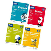 Collection of Bond 11+ Assessment Papers Book 2 for ages 9-10, featuring four books with colorful covers and sample questions.