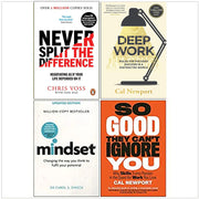 Four paperback business books including Never Split the Difference, Deep Work, Mindset, and more by Tahl Raz, Chris Voss, Cal Newport, and Dr. Dweck.