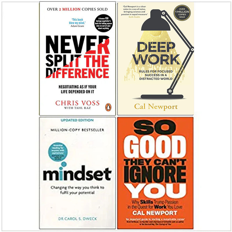 Four paperback business books including Never Split the Difference, Deep Work, Mindset, and more by Tahl Raz, Chris Voss, Cal Newport, and Dr. Dweck.