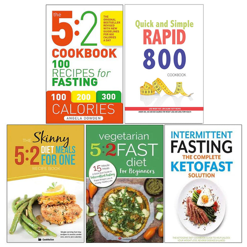 Stack of five vegetarian diet books including The 5:2 Cookbook by Rockridge Press and Kate Harrison, paperback edition.