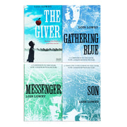 Cover collage of Lois Lowry's The Giver Quartet book collection, featuring four young adult paperback novels in a box set.