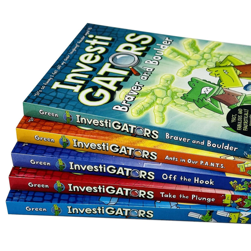 InvestiGators book collection by John Patrick Green featuring five colorful children's books with cartoon alligator characters.