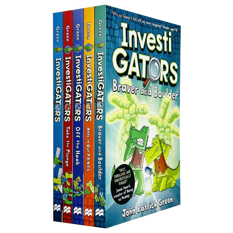 InvestiGators book collection by John Patrick Green featuring five children's adventure books with colorful cover illustrations.