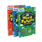 Set of three Bond Brain Training puzzle books by Michellejoy Hughes, featuring number, logic, and word puzzles, paperback edition.