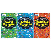 Set of three Bond Brain Training paperback books by Michellejoy Hughes featuring number, logic, and word puzzles for mental exercise.