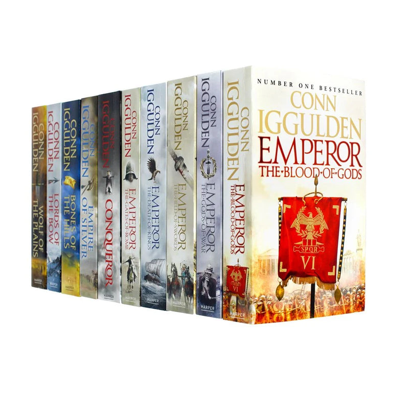 Set of 10 Conn Iggulden Emperor and Conqueror Series paperback books by Harper Collins, featuring historical fiction covers.
