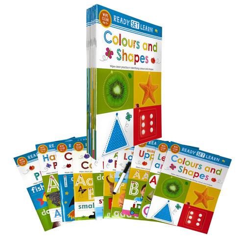 New Ready Set Learn 10 Early Learning Wipe Clean Books Colours Shapes Numbers Phonics Handwriting Counting Ages 3+ - The Book Bundle