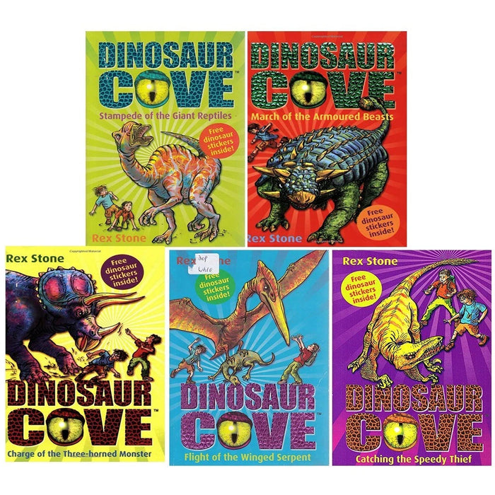 Dinosaur Cove Series 5 Books Collection Set by Rex Stone (Charge of the Three-Horned Monster,March of the Armoured Beasts,  Flight of the Winged Serpent, Catching the Speedy Thief,Stampede of the Giant Reptiles