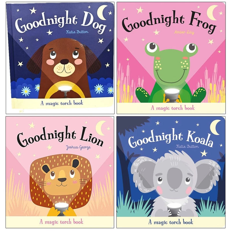 Magic Torch Book Series by Joshua George, 4-book set featuring Goodnight Dog, Frog, Lion, and Koala, from Imagine That Publishing.