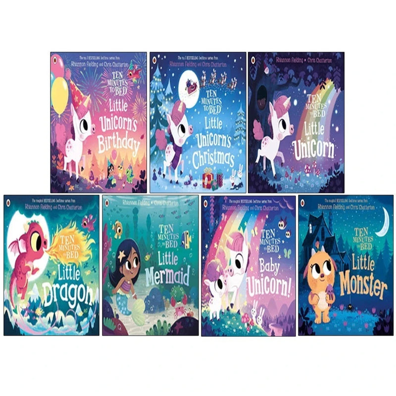 Ladybird Ten Minutes to Bed Series 7 Books collection by Rhiannon Fielding, featuring Little Unicorn, Little Dragon, Mermaid, and Monster stories.