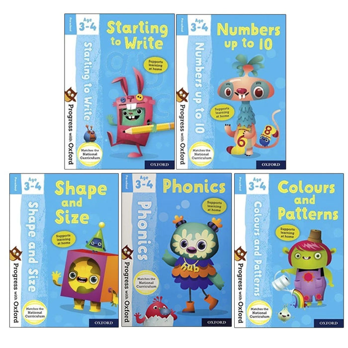 Progress with Oxford Activity 5 Books Age 3-4(Shape and Size,Phonics,Numbers ,Colours and Patterns & Starting to Write)