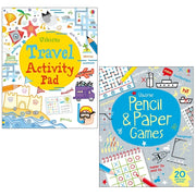 Usborne Travel Activity Games tear-off pad set with pencil and paper games, designed for kids' travel entertainment.