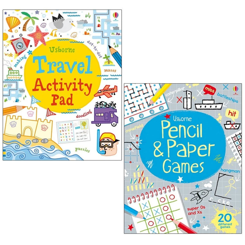 Usborne Travel Activity Games tear-off pad set with pencil and paper games, designed for kids' travel entertainment.