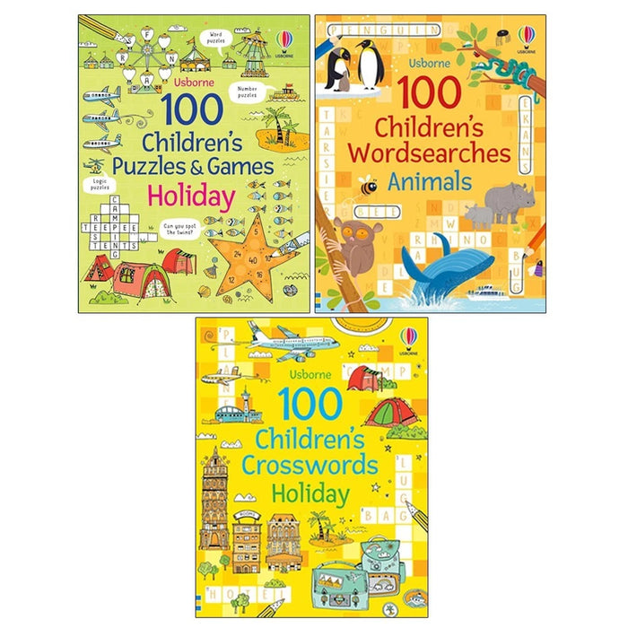 Phillip Clarke Collection 3 Books Set (100 Children's Puzzles and Games: Holiday,100 Children's Crosswords: Travel &  100 Children's Wordsearches: Animals)
