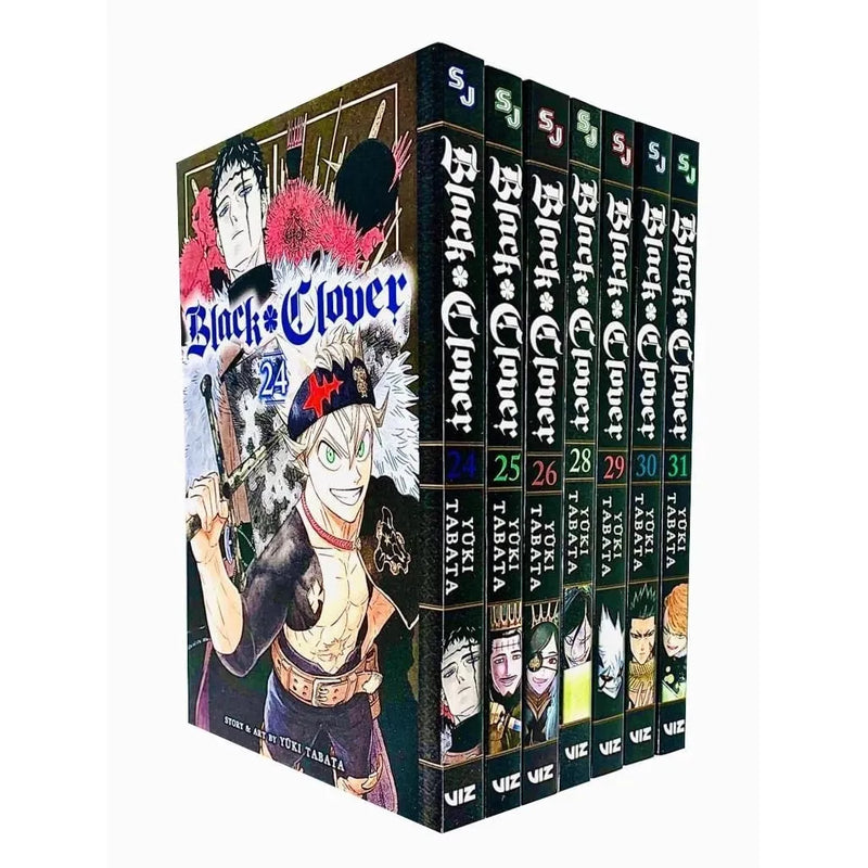 Seven-book Black Clover manga collection by Yuki Tabata, featuring volumes 24, 25, 26, 28, 29, 30, and 31 from VIZ Media.