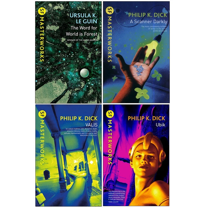 Four-book set of Philip K. Dick's S.F. Masterworks Collection by Gollancz, including Valis, Ubik, A Scanner Darkly, and The Word for World is Forest