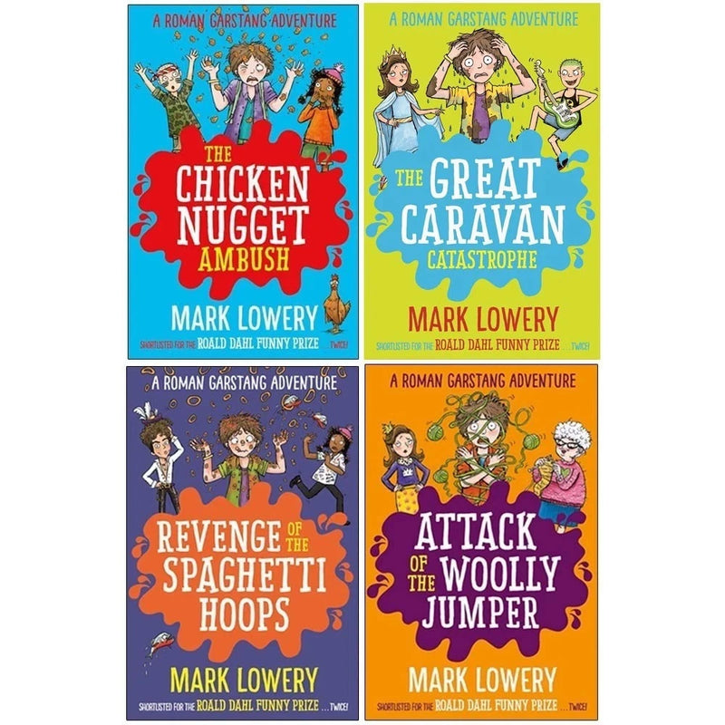 Roman Garstang Disasters Series 4 Books Collection Set by Mark Lowery(The Chicken Nugget ,Ambush Attack of the Woolly Jumper, The Great Caravan Catastrophe & Revenge of the Spaghetti Hoops) - The Book Bundle