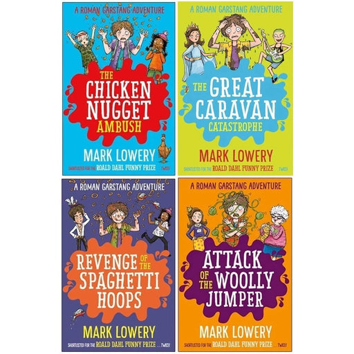 Roman Garstang Disasters Series 4 Books Collection Set by Mark Lowery(The Chicken Nugget ,Ambush Attack of the Woolly Jumper, The Great Caravan Catastrophe & Revenge of the Spaghetti Hoops) - The Book Bundle