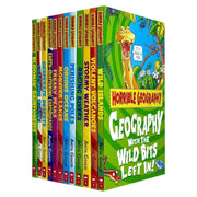 Horrible Geography collection of 12 Scholastic books by Anita Ganeri, featuring colorful covers and educational illustrations.